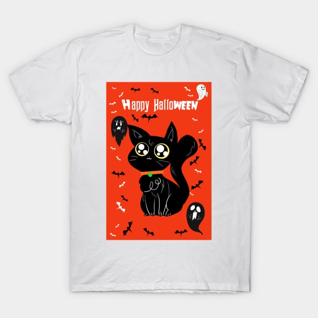 Happy Halloween - Orange and Black Big Eyed Cat T-Shirt by saradaboru